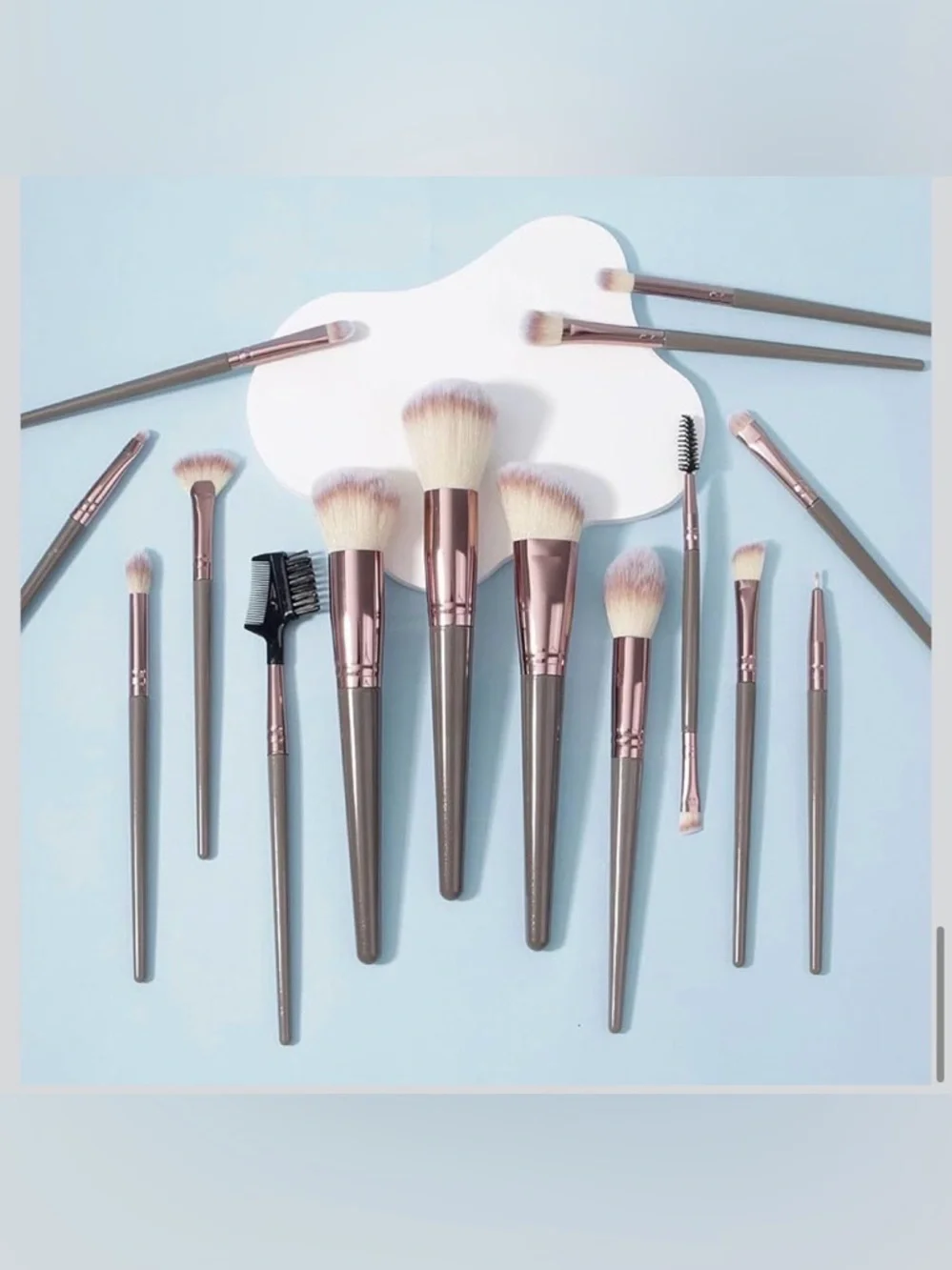 NWT~15pc Professional Makeup Full Face Brush & Case Set~Gray & Champagne Color